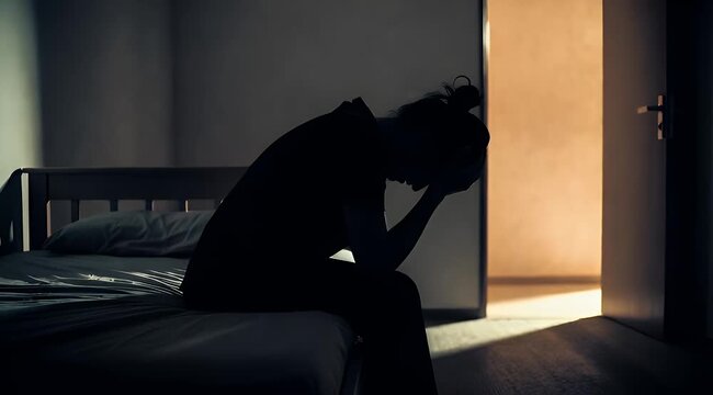 Silhouette of a woman sitting on a bed in a dark room, contemplating by the light