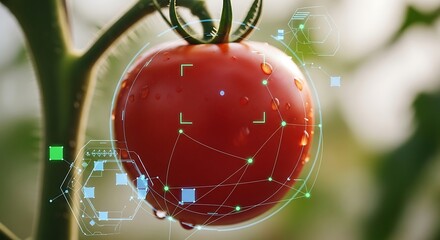 Close-up of a ripe red tomato on a vine with digital data overlay, representing smart agriculture and food technology.