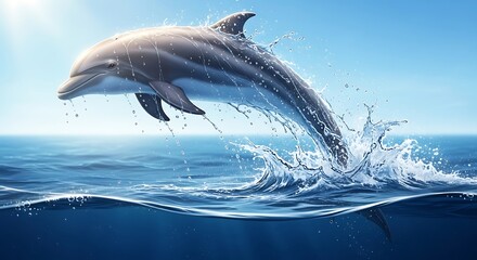 Obraz premium Dolphin Leaping Gracefully Above Ocean Surface in Bright Sunny Day, Wildlife Photography, Marine Environment, Clear Water View