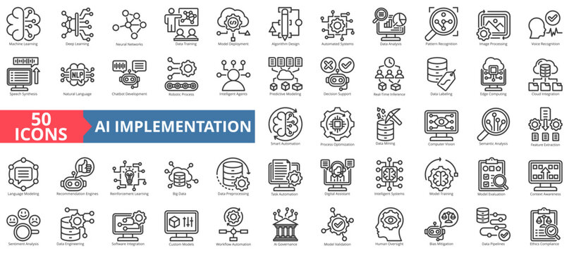 ai implementation icon set outline style illustration. containing ai governance, algorithm design, analysis, automated system, bias mitigation, big data, chatbot development, cloud integration