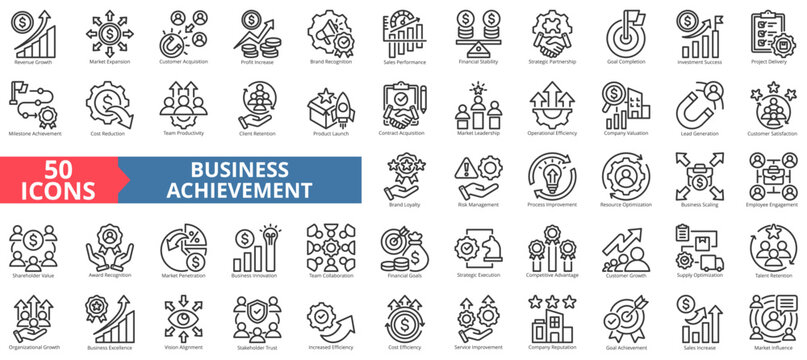 business achievement icon set outline style illustration. containing revenue growth, market expansion, customer acquisition, profit, brand recognition, sales performance, strategic partnership