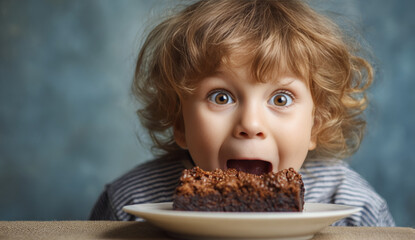 Naklejka premium Excited young child with curly red hair and wide eyes eagerly eating a rich, moist chocolate brownie with a textured surface