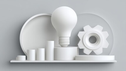 Abstract 3D composition featuring light bulb, gear, and circular forms in minimalist style, emphasizing innovation, creativity, and modern design concepts