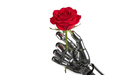 A robotic hand holds a red rose on transparent background
