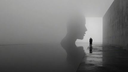 Obraz premium Serene Encounter in Misty Landscape with Abstract Human Silhouette