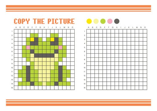 Copy the picture grid drawing worksheet for kids. Pixel art frog