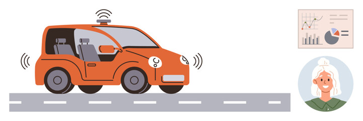 Fototapeta premium Smart transportation, autonomous driving, technology innovation, data analysis, AI integration, user-friendly design. Orange self-driving car with sensors, chart and female avatar. Smart