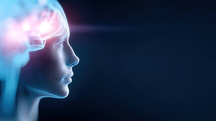 Obraz premium Futuristic Human Head with Artificial Intelligence Elements, Digital Technology Concept, Representation of Brain Functionality and Innovation