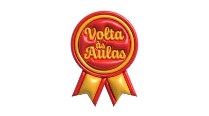 3D red and gold ribbon badge with "Volta &agrave;s Aulas"  text on transparent background