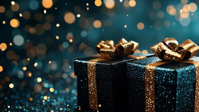 Gift boxes with shiny ribbons and sparkling lights in a festive setting during the holiday season