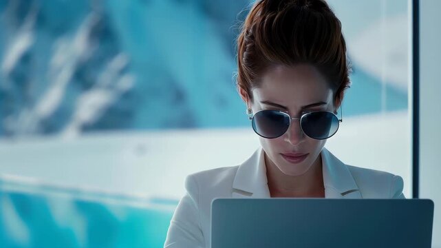 Professional with Sunglasses: A focused professional, donning stylish sunglasses, engages with a laptop in a modern office, exuding an air of sophistication and technological prowess.