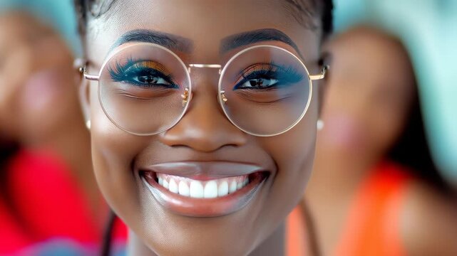 Elegant Smile: A close-up portrait of an elegantly dressed person, their face alight with a warm, genuine smile. Her round glasses frame her eyes, accentuating her joy and beauty.