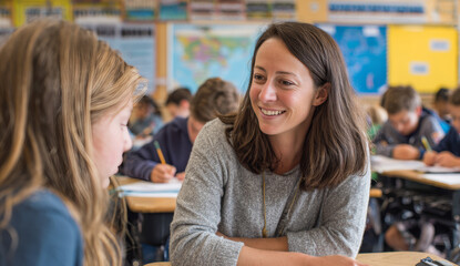 Obraz premium Female teacher engaging in a friendly conversation with a young female student in a classroom setting with other students studying and writing in the background