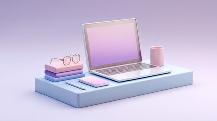 Modern desk setup featuring laptop, books, smartphone, glasses, and coffee cup on minimalistic pastel surface for creative workspace or study environment