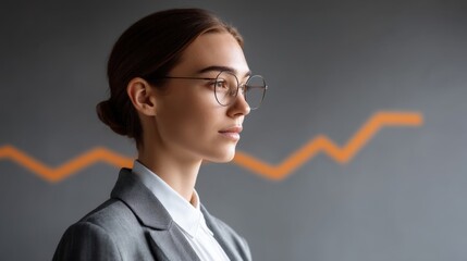 Young businesswoman in glasses stands confidently against a minimalist background, contemplating financial growth and looking towards future success and opportunities.