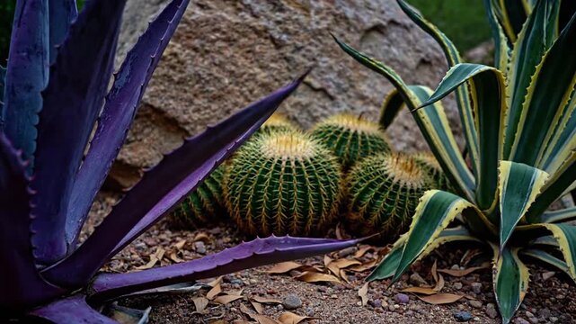 Desert Garden Oasis with Vibrant Agave and Golden Barrel Cacti.