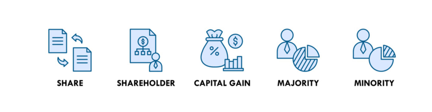 Shareholder banner web icon illustration concept with icon of share, shareholder, capital gain, majority, and minority