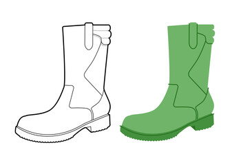 Green harness utility boot women color plus line set. Strap detail lug sole mid calf boot for footwear guide. Technical fashion illustration CAD mockup mixed vector man unisex isolated stylish style 