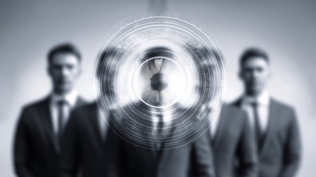 Blurred Corporate Group of Professionals with Futuristic Data Circle Overlay Representing Technology and Innovation in Business Environment
