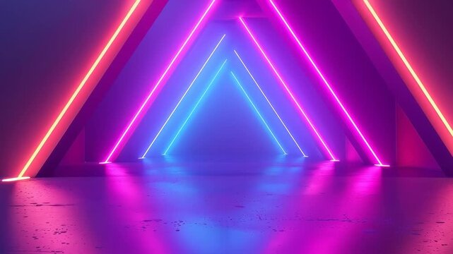 Neon Triangle Tunnel: Captivating scene features a vibrant tunnel, illuminated by neon lights forming striking triangular shapes, creating a futuristic and visually appealing aesthetic.