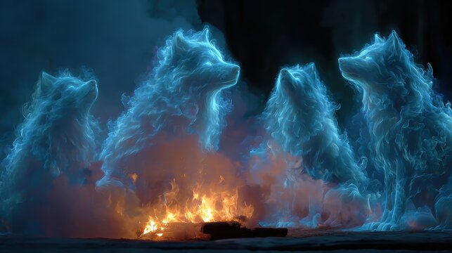 Mystical Ghostly Wolves Surrounding Fire in Ethereal Glow
