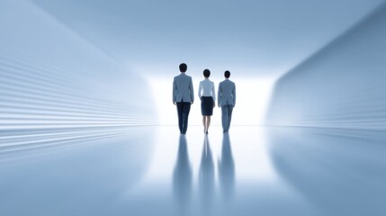 Obraz premium Individuals Walking Towards Bright Light in Abstract Corridor, Symbolizing Hope, Future, Teamwork, and Calmness in Modern Business Environment