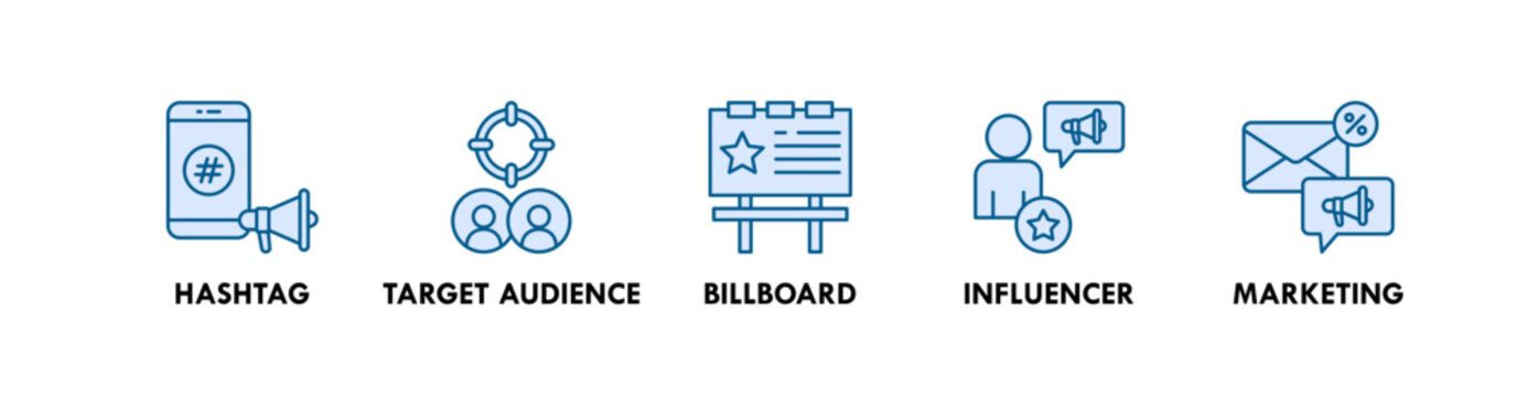 Ad Campaign banner web icon illustration concept with icon of hashtag, target audience, billboard, influencer, and marketing