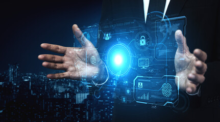 A futuristic command center interface for managing a global technology platform. The dashboard includes data security, network administration, and biometric user authentication. Fermion