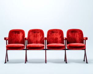 Fototapeta premium Four vintage red velvet cinema chairs with rounded backs and plush cushions arranged in a row