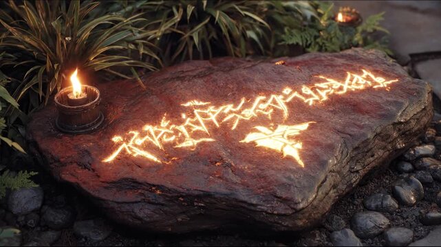 A weathered stone displays glowing symbols and an etched leaf, lit by candles and surrounded by plants