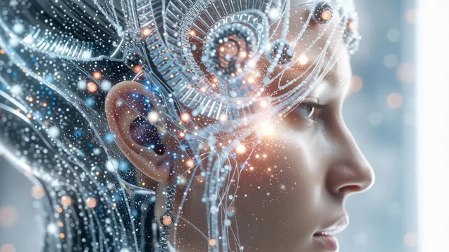 Woman experiences transformation in a futuristic setting with glowing technology and abstract visuals
