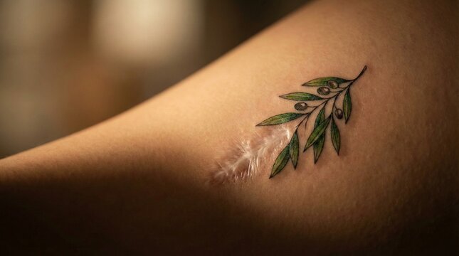 Tattoo of olive branch on human body