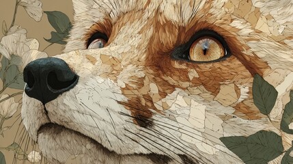 Obraz premium Detailed Illustration of a Fox Surrounded by Floral Elements