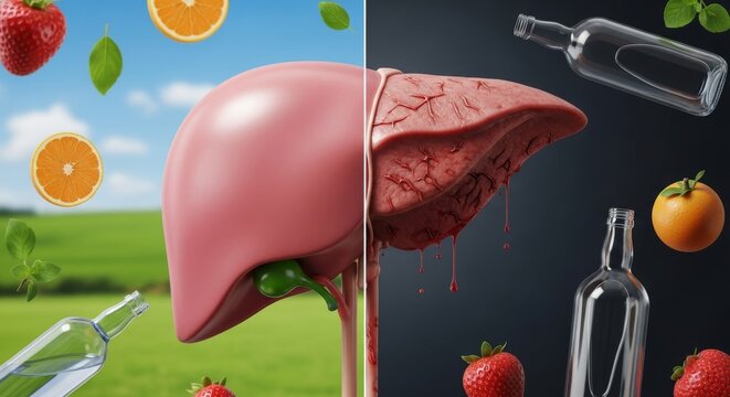 Comparison between healthy and unhealthy liver in an informative and educational illustration suitable for medical publications or healthrelated content.