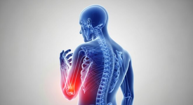 Mans skeleton with pain in his elbow area, a medical illustration suitable for healthcare blogs, orthopedic websites, and educational materials.