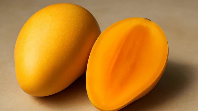Golden Mango: A tantalizing mango, one half revealing its vibrant, juicy flesh and the other intact, offering a glimpse of the delicious treat.