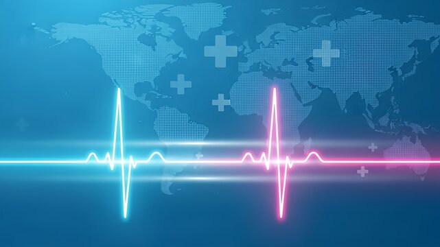 Glowing heart monitor line over a world map symbolizes global healthcare. Perfect for medical and healthcare concepts in design.