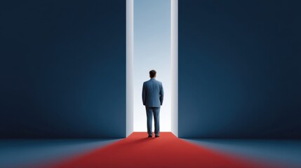Obraz premium Man in Suit Standing Before Open Doorway on Red Carpet in Minimalist Setting Symbolizing Opportunity, New Beginnings, and Future Possibilities