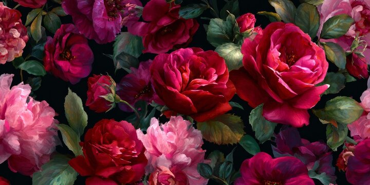 Vibrant floral pattern bold oversized sensual roses deep reds pinks greens dark noir sexy black background luxurious romantic flowers copy space feminine flower shop florist bridal Valentines Day