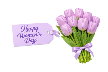Obraz premium Happy women's day tag with purple tulip bouquet