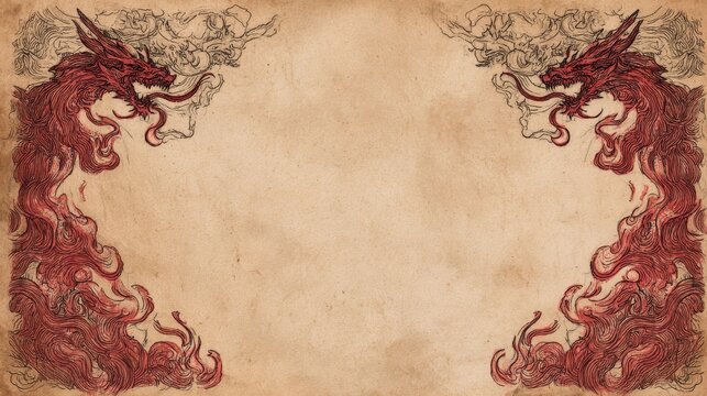 Fire breathing dragon border hand drawn on parchment paper with large center copy space medieval manuscript fantasy mystical mythical creature background ancient book legend