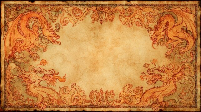 Fire breathing dragon border hand drawn on parchment paper with large center copy space medieval manuscript fantasy mystical mythical creature background ancient book legend