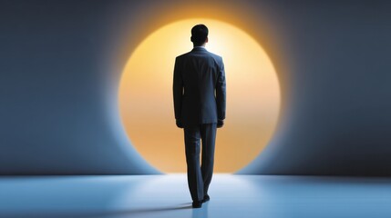 Obraz premium Thoughtful businessman stands in front of a large glowing sun, symbolizing hope, new opportunities, and the journey towards success and personal growth.