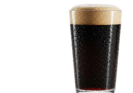 Cold nonic pint glass of dark stout beer with thick tan foam and condensation, isolated on seamless transparent background, high-end commercial beverage concept
