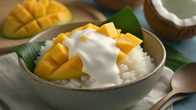 Delicious Mango Sticky Rice Served in a Bowl with Fresh Mango Slices and Coconut Milk Topping