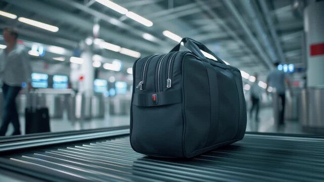 Bag goes through airport security scanner at busy terminal during mid-morning hours