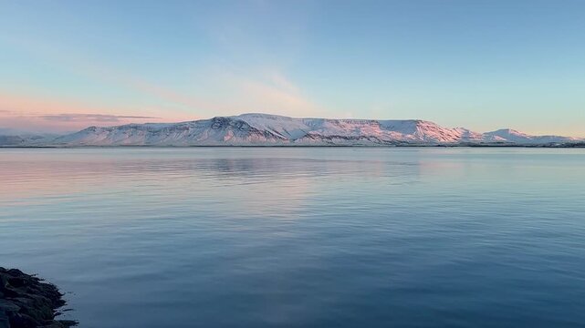 Winter Sunset over Mount Esja and North Atlantic Ocean, Reykjavik, Iceland.