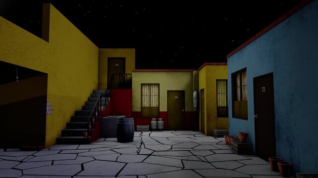 Vecindad en Mexico de 1970 Animaci&oacute;n 3D Render	
