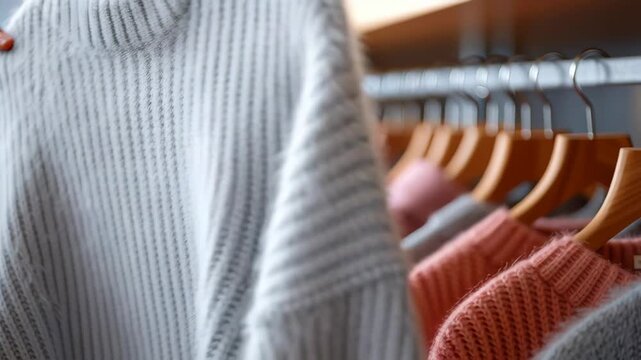 Choosing warm sweaters in a clothing store during a winter afternoon