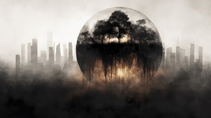 Obraz premium A minimalist dreamlike composition featuring a glass sphere that reflects a distant cityscape silhouetted against a misty atmospheric landscape
